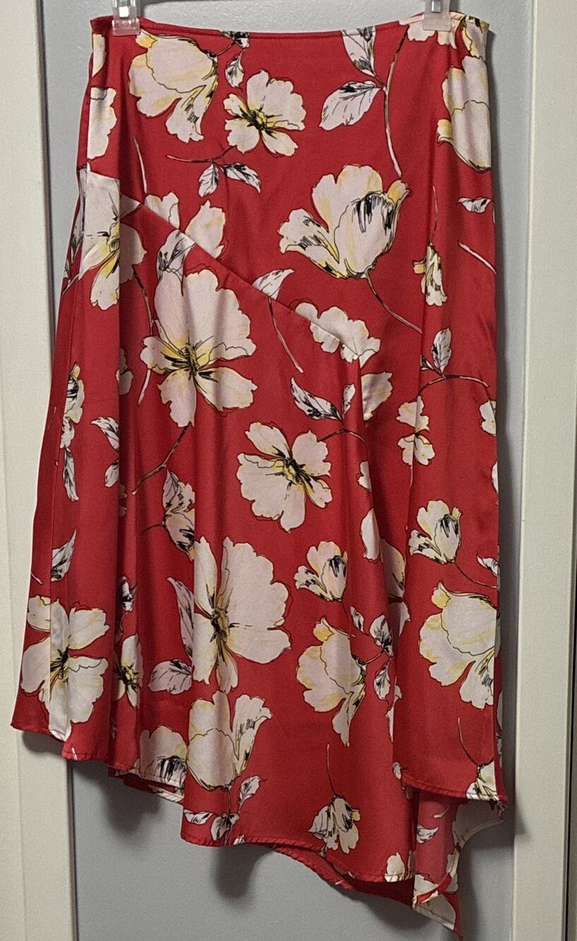Worthington Riley Asymmetrical Floral Midi Skirt Red White Coral Size 12